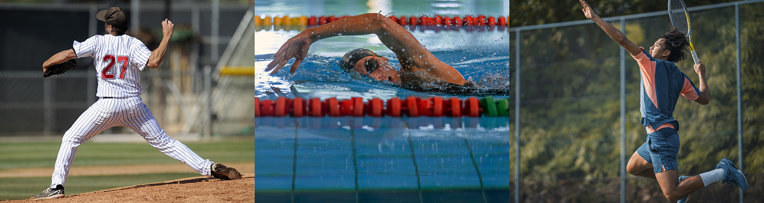 overhead athlete banner with three photos: a baseball player, a swimmer, and a tennis player