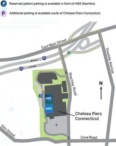 Map showing HSS Stamford parking location at rear of building at 1 Blachley Road, Stamford, CT 06902. Make the first right just after the gatehouse/security booth.